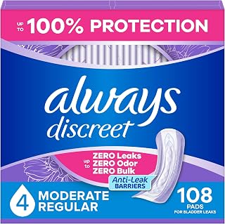 Always Discreet Adult Incontinence Pads for Women, Moderate Absorbency, Regular Length, Postpartum Pads, 108 Count