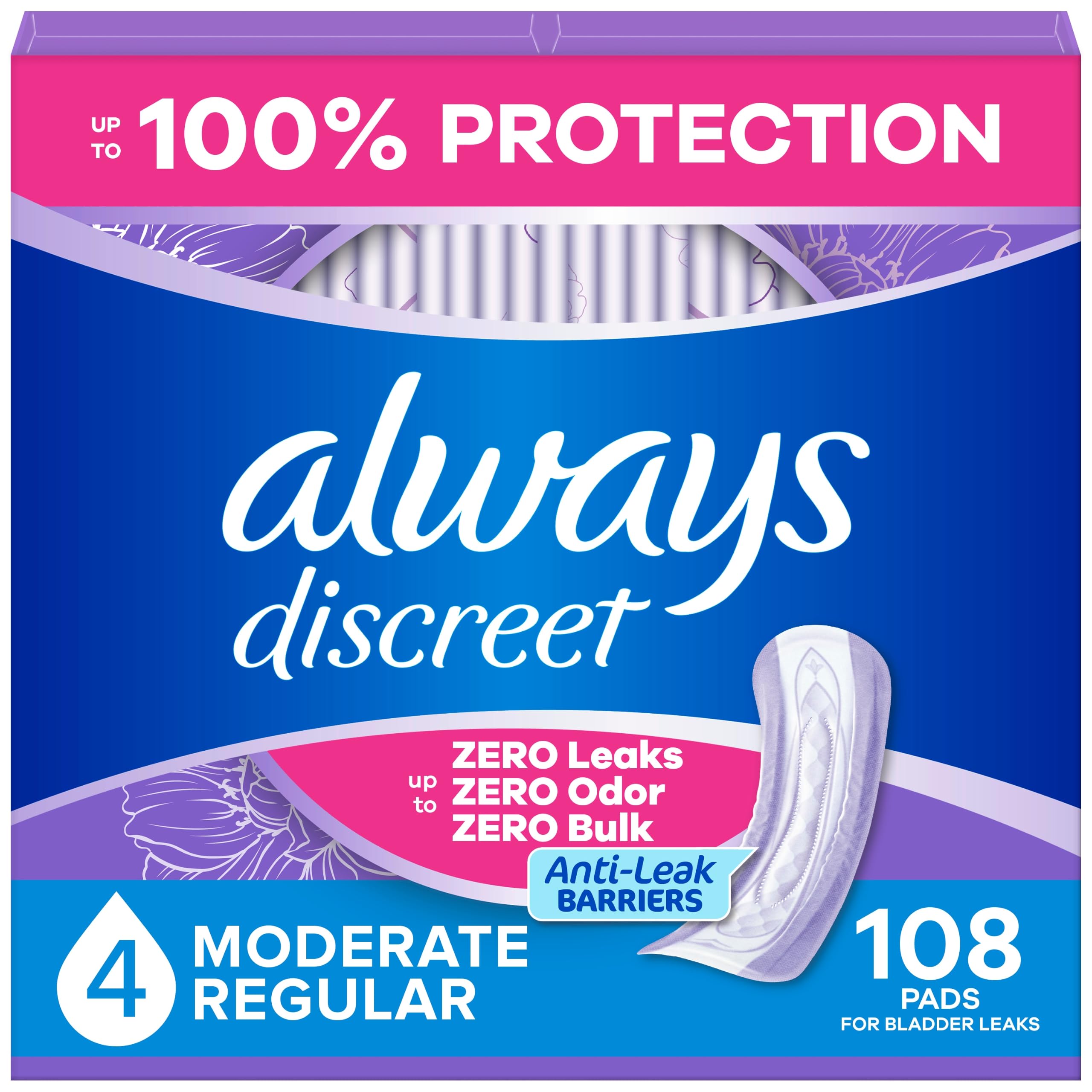 Always Discreet Adult Incontinence Pads for Women, Moderate Absorbency, Regular 