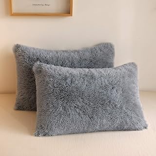 XeGe Fluffy Faux Fur Bed Pillow Cases, Set of 2, Standard 20x26, Light Gray