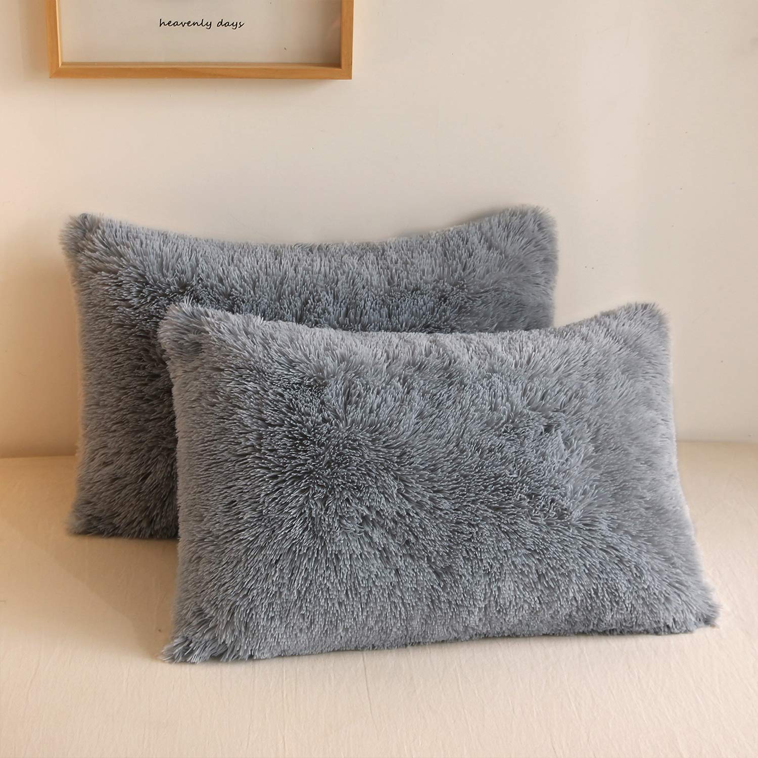 XeGe Fluffy Faux Fur Bed Pillow Cases, Set of 2, Standard 20x26, Light Gray