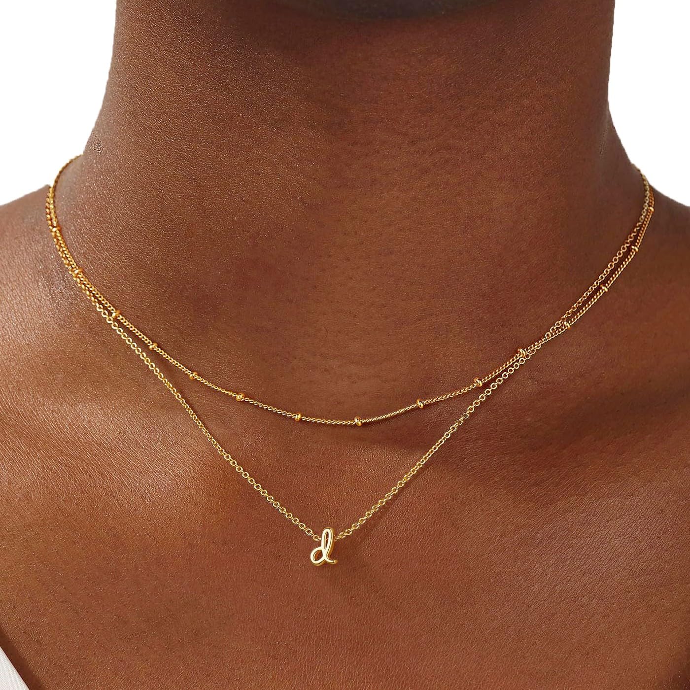 Layered Initial Necklace with Adjustable Chain, Minimalist Double Layer Pendant 