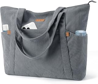 Women's University Tote Bag, Shoulder Bag in Corduroy with Zipper, Elegant Laptop Bags, 15.6 Inches for Travel, Work School, Gym Office, Grey S