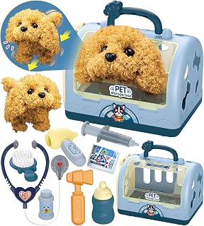 TEUVO Pet Care Playset Robot Toy Dogs for Kids Vet Toys Pretend Treating Kit with Electric Interactive Dog Plush Carring Case Role Play Stuffed Puppy Toys Gifts for Girls Boy 3 4 5 6 7 Years Old Blue