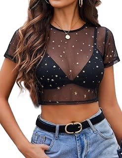 Avidlove Women Mesh Crop Top Short Sleeve Slim Fit Sheer Blouse Y2K Round Neck Clubwear