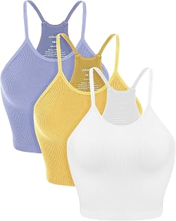 ODODOS Women's Crop 3-Pack Seamless Rib-Knit Camisole Crop Tank Tops