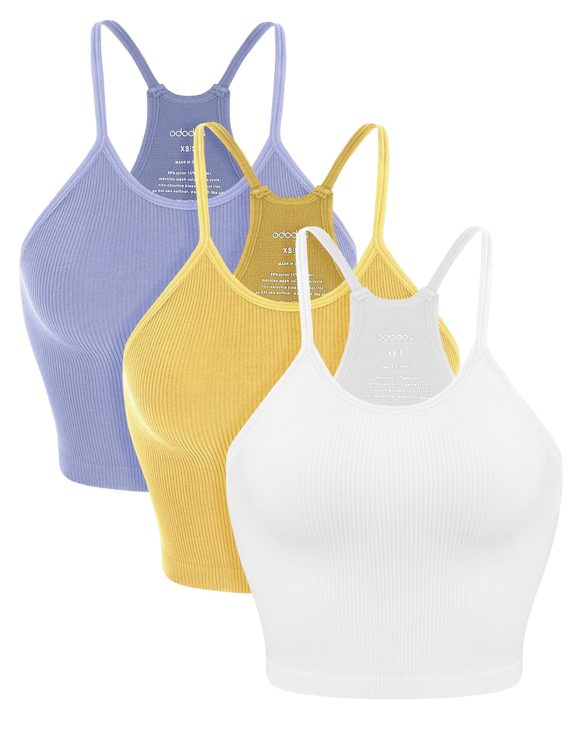 ODODOS Women's Crop 3-Pack Seamless Rib-Knit Camisole Crop Tank Tops