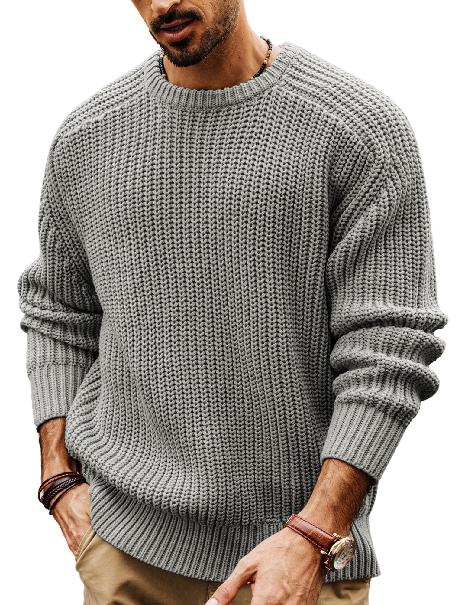 PJ PAUL JONES Men's Sweater Crew Neck Chunky Knit Long Sleeve Pullover Winter Ju