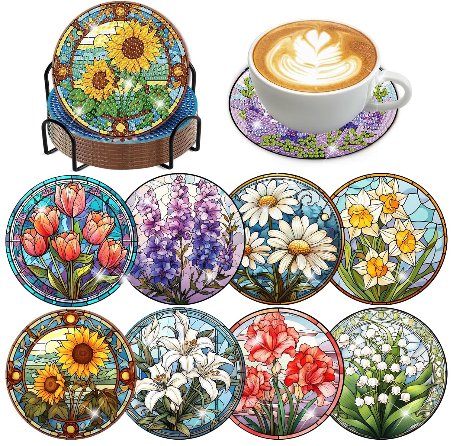Diamond Art Coasters Kit, 8 Pieces Sunflowers Diamond Painting Coasters Kit