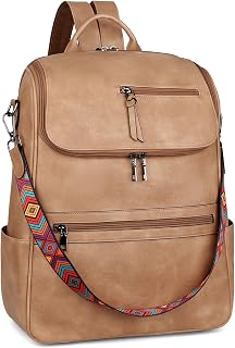 FADEON Laptop Backpack for Women Leather Travel Backpack with Laptop Compartment, Designer PU Shoulder Laptop Bag Camel Brown