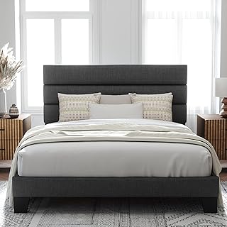 Allewie Queen Size Platform Bed Frame with Fabric Upholstered Headboard | Wooden Slats Support, Fully Upholstered Mattress Foundation, No Box Spring Needed, Easy Assembly, Noise-Free, Dark Grey