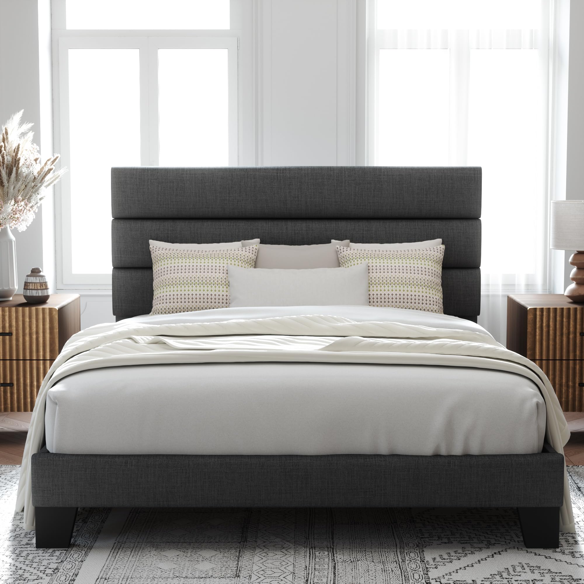 Allewie Queen Size Platform Bed Frame with Fabric Upholstered Headboard | Wooden