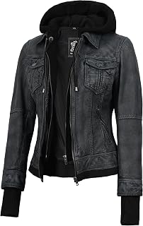 Decrum Real Lambskin Bomber Jacket Women with Detachable Hood