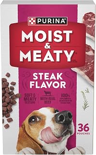 Purina Moist & Meaty Soft Dog Food Pouches, 36 ct | Steak Flavor adult dog food, made with real beef, individual pouches, no-mess meal or tasty treat