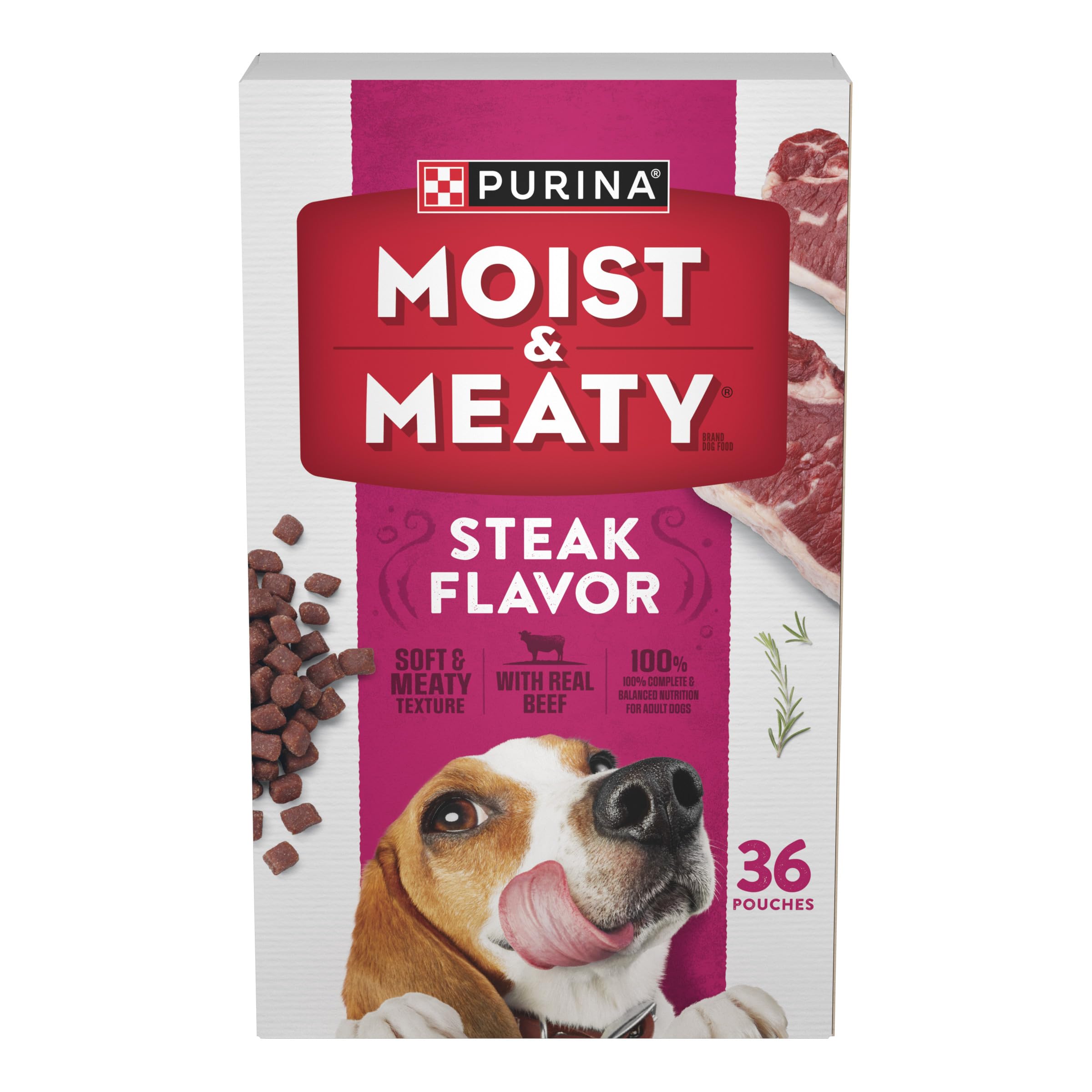 Purina Moist & Meaty Soft Dog Food Pouches, 36 ct | Steak Flavor adult dog food,