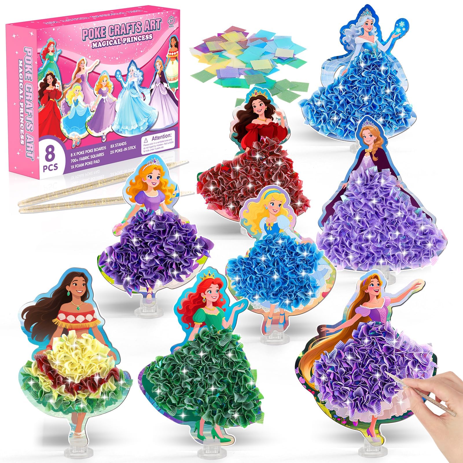 8 PCS Mess-Free Magical Princess Poke Art Craft Kit for Kids Ages 4-8 | Standing