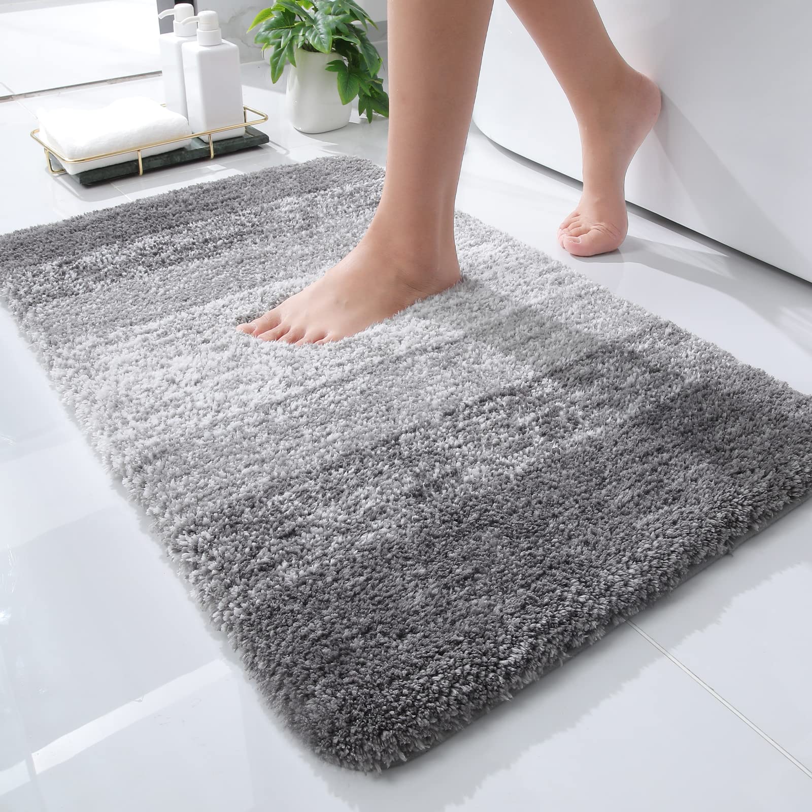 OLANLY Luxury Microfiber Plush Shaggy Bath Mat, 16x24, Grey | Extra Soft and Abs
