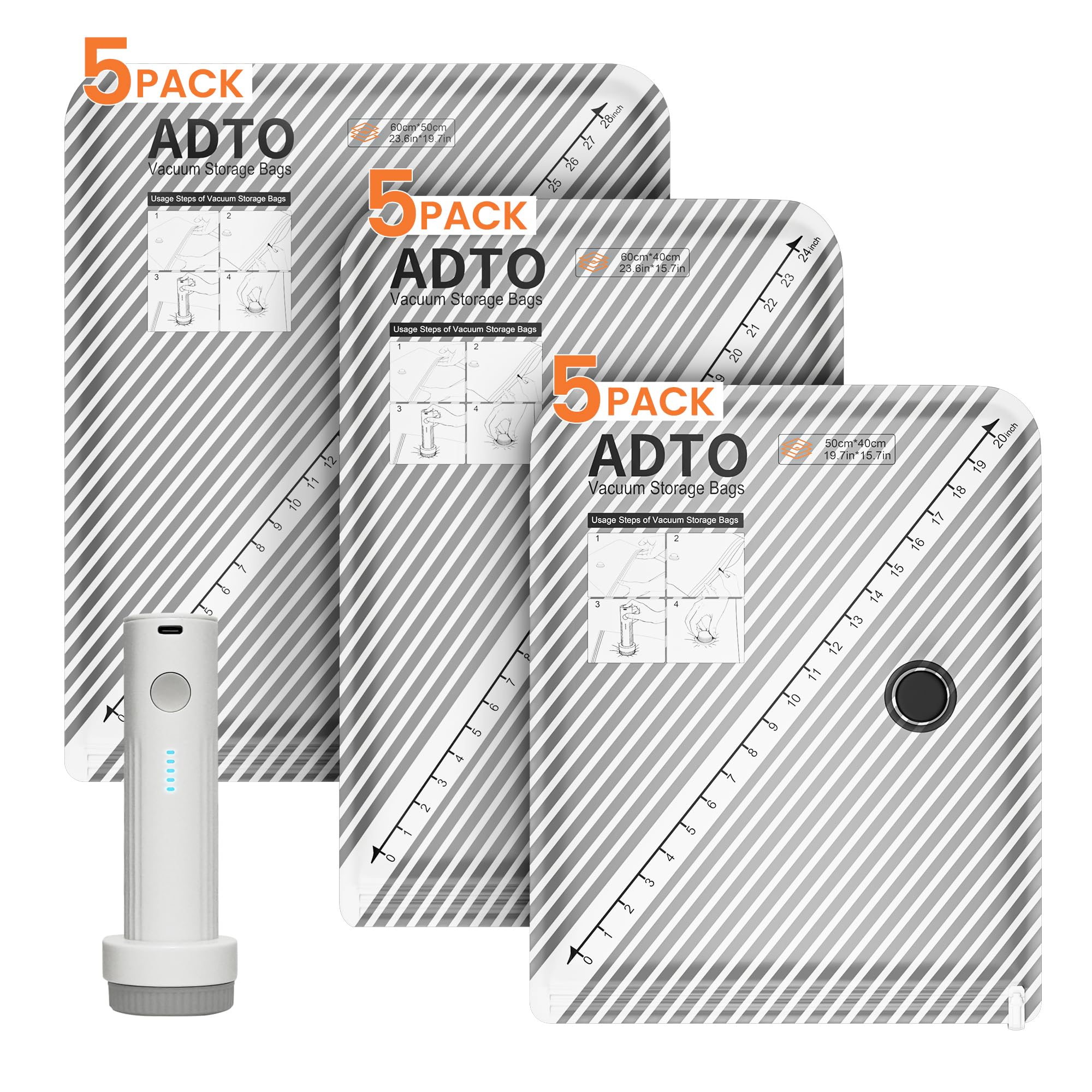 15 Pack Vacuum Bags for Travel with Rechargeable Pump, Reusable Vacuum Storage B