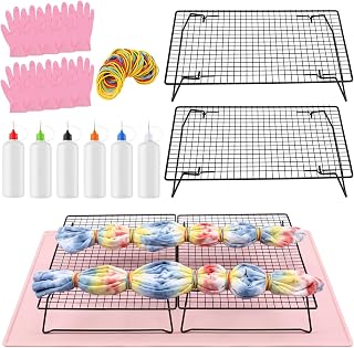 Gulfmew Tie Dye Kit with 2 Extra Large Folding Racks and Pink Silicone Pad | DIY Tie Dye Rack Supplies Craft Tools, with 50g Rubber Bands 6 Needle Tip Bottles 5 Nitrile Gloves for Shirts Scarves Bags