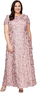 Alex Evenings Women's Long Bridesmaid Dress with Rosette and Short Sleeves for Wedding Guest (Petite and Regular Sizes)