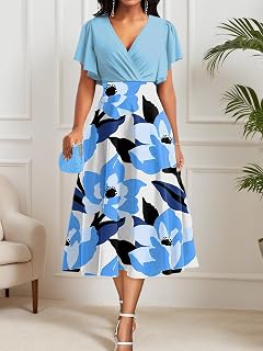 Women V Neck Short Sleeve Ruffle Plus Size Floral Print Summer Vacation Fluid Casual A-Line Dress