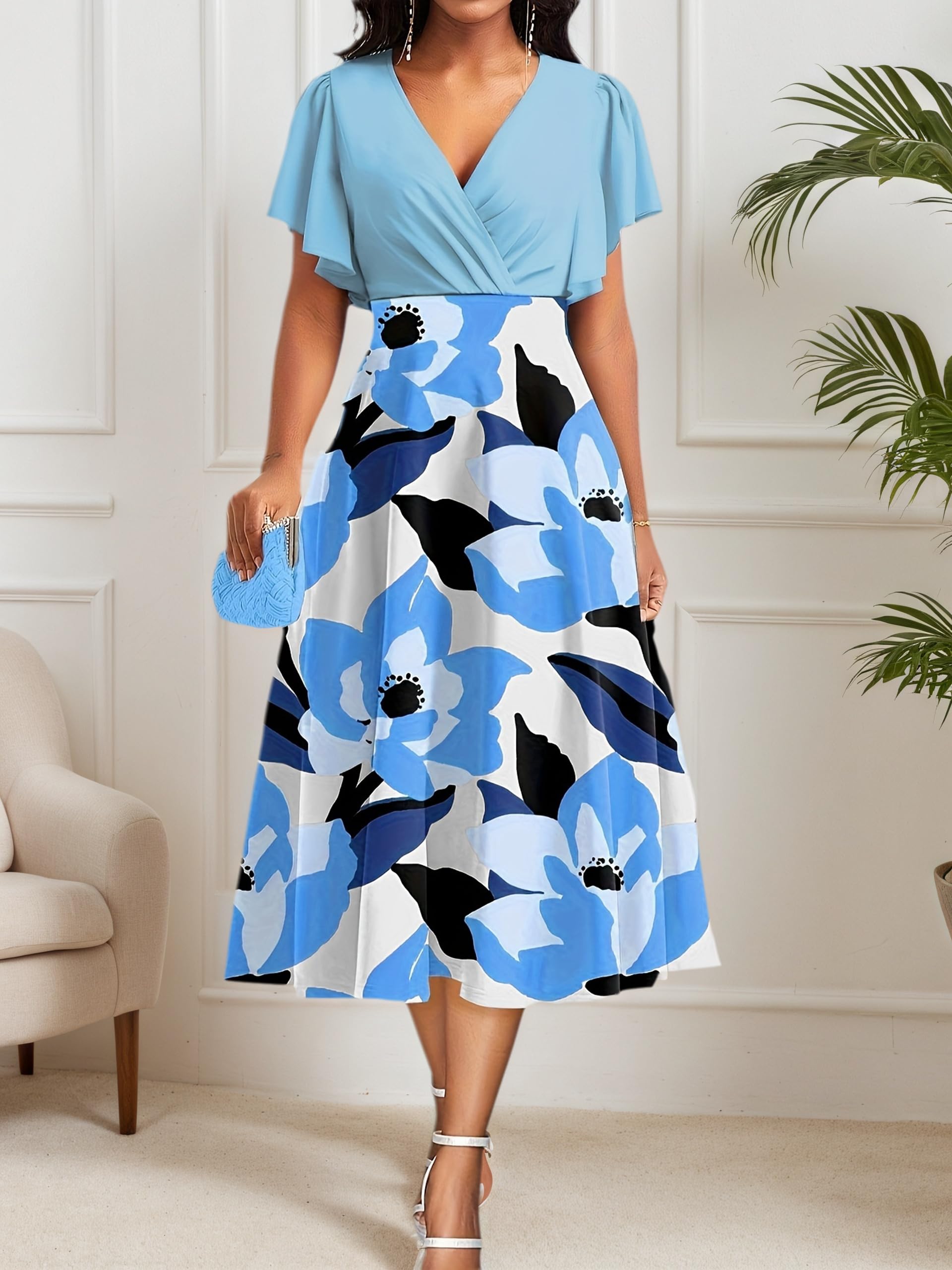 Women V Neck Short Sleeve Ruffle Plus Size Floral Print Summer Vacation Fluid Ca