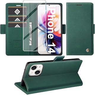 Giyer Cover for iPhone 14/13 with Tempered Glass, Premium PU Wallet Card Slot RFID Anti-Theft Function Stand Flip Case, Shockproof for iPhone 14/13 5G Cover (Green)