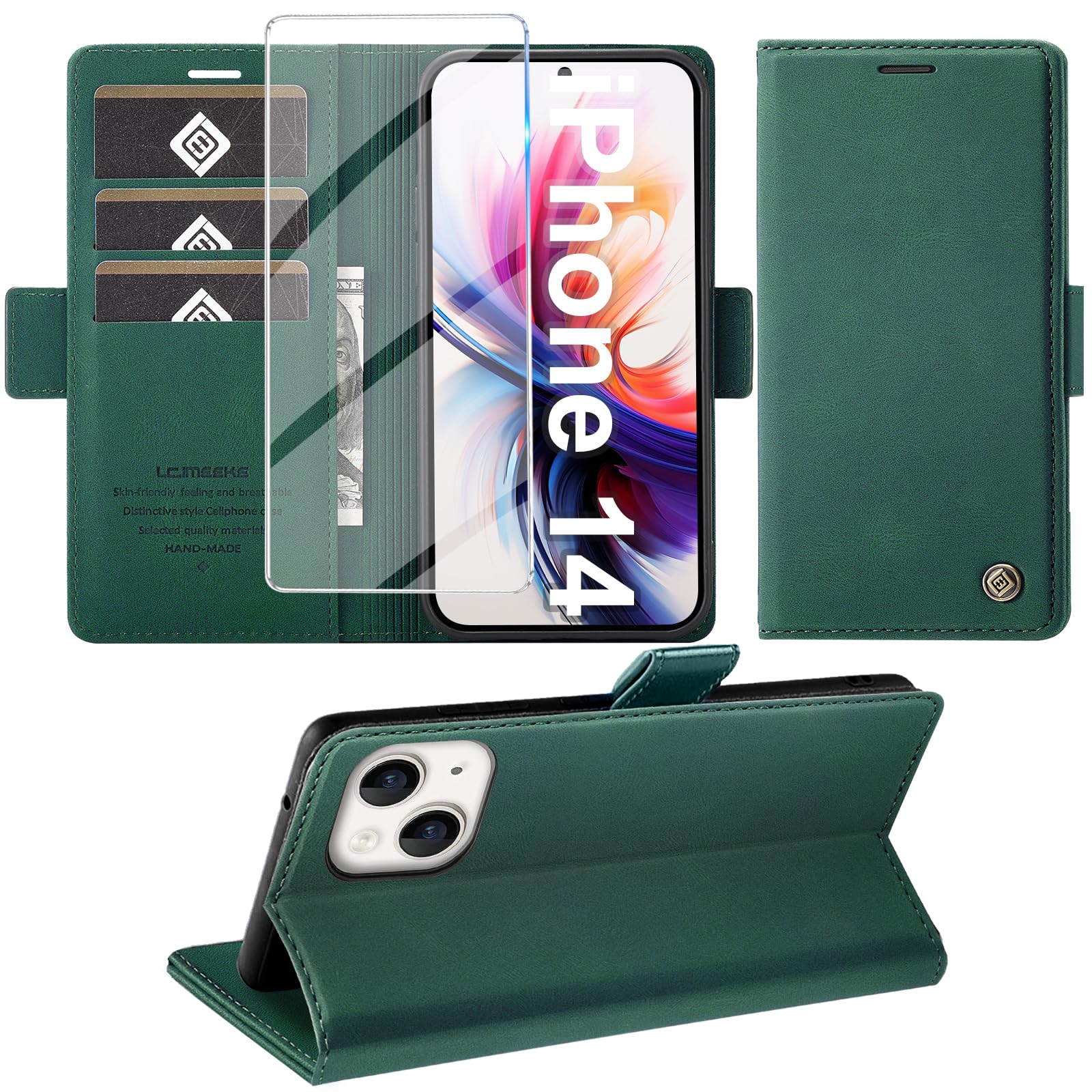 Giyer Cover for iPhone 14/13 with Tempered Glass, Premium PU Wallet Card Slot RF