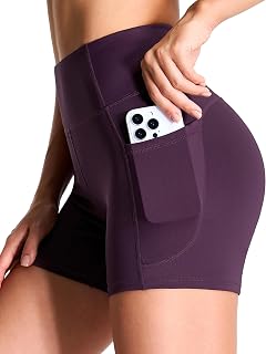 THE GYM PEOPLE ハイウエストヨガショーツ レディース 腹部コントロール フィットネス アスレチック ワークアウト ランニングショーツ 深いポケット付き