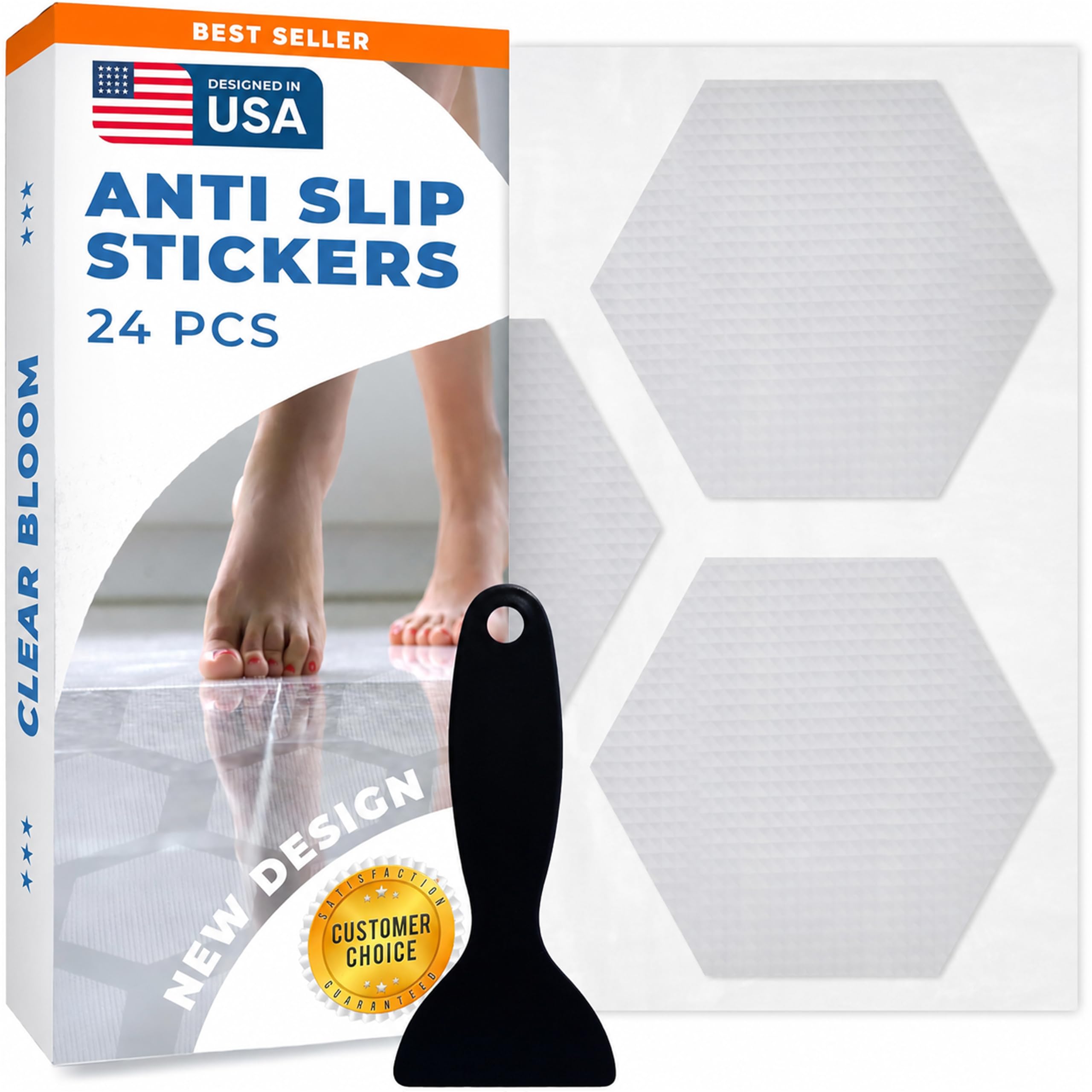 Clear Bloom Anti-Slip Shower Stickers, Non-Slip Bathtub Floor Grip, 24 Pack | Or
