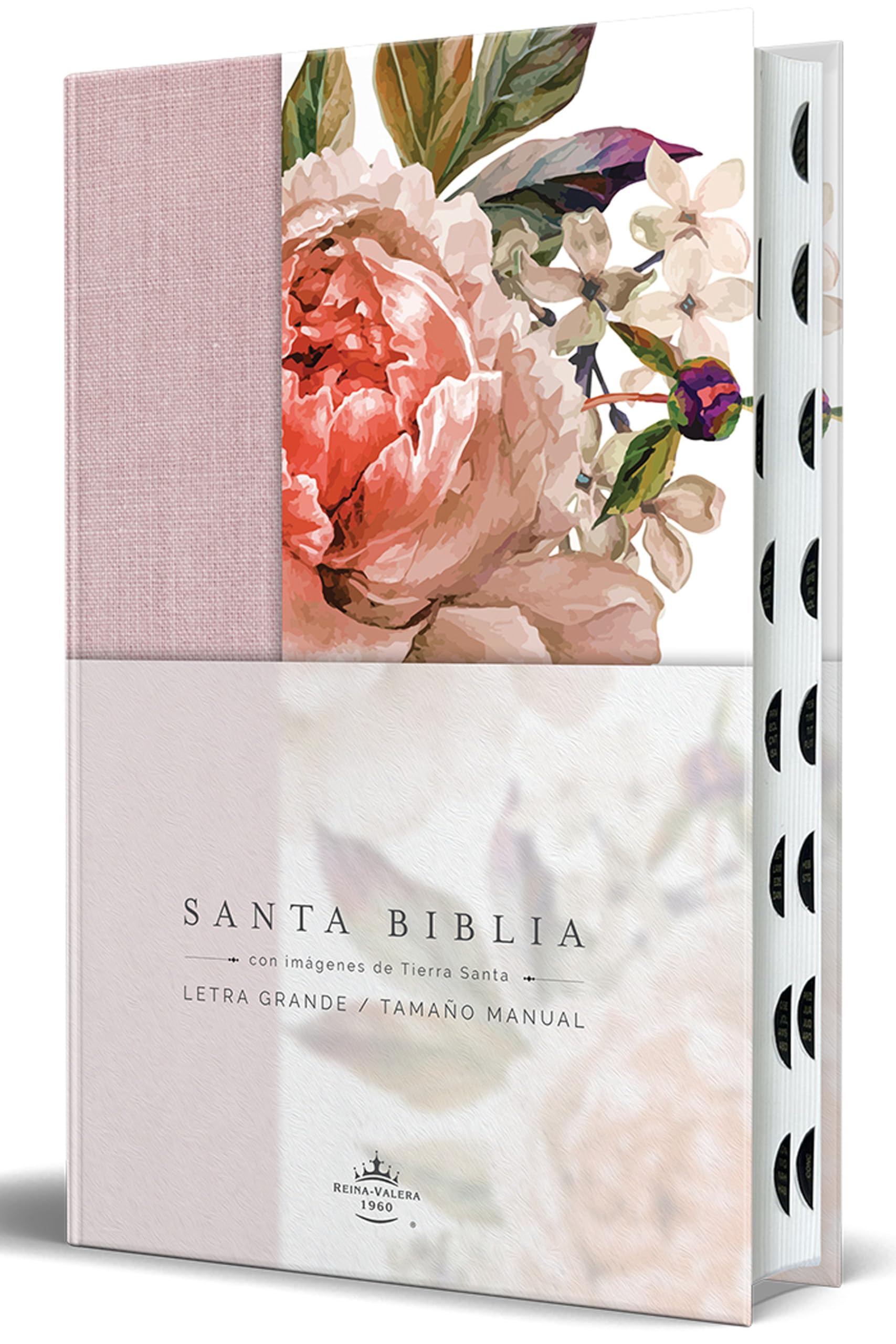 Biblia Reina Valera 1960 letra grande. Tela rosada con flores, manual con índice