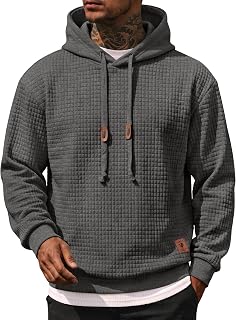 Coofandy Men's Hoodies Pullover Casual Plaid Jacquard Drawstring Long Sleeve Hooded Sweatshirts Dark Gray