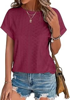 Bliwov Women's Tops Eyelet Embroidery Summer Spring Fashion Clothes 2024 Casual Short Sleeve Blouse Trendy T Shirts