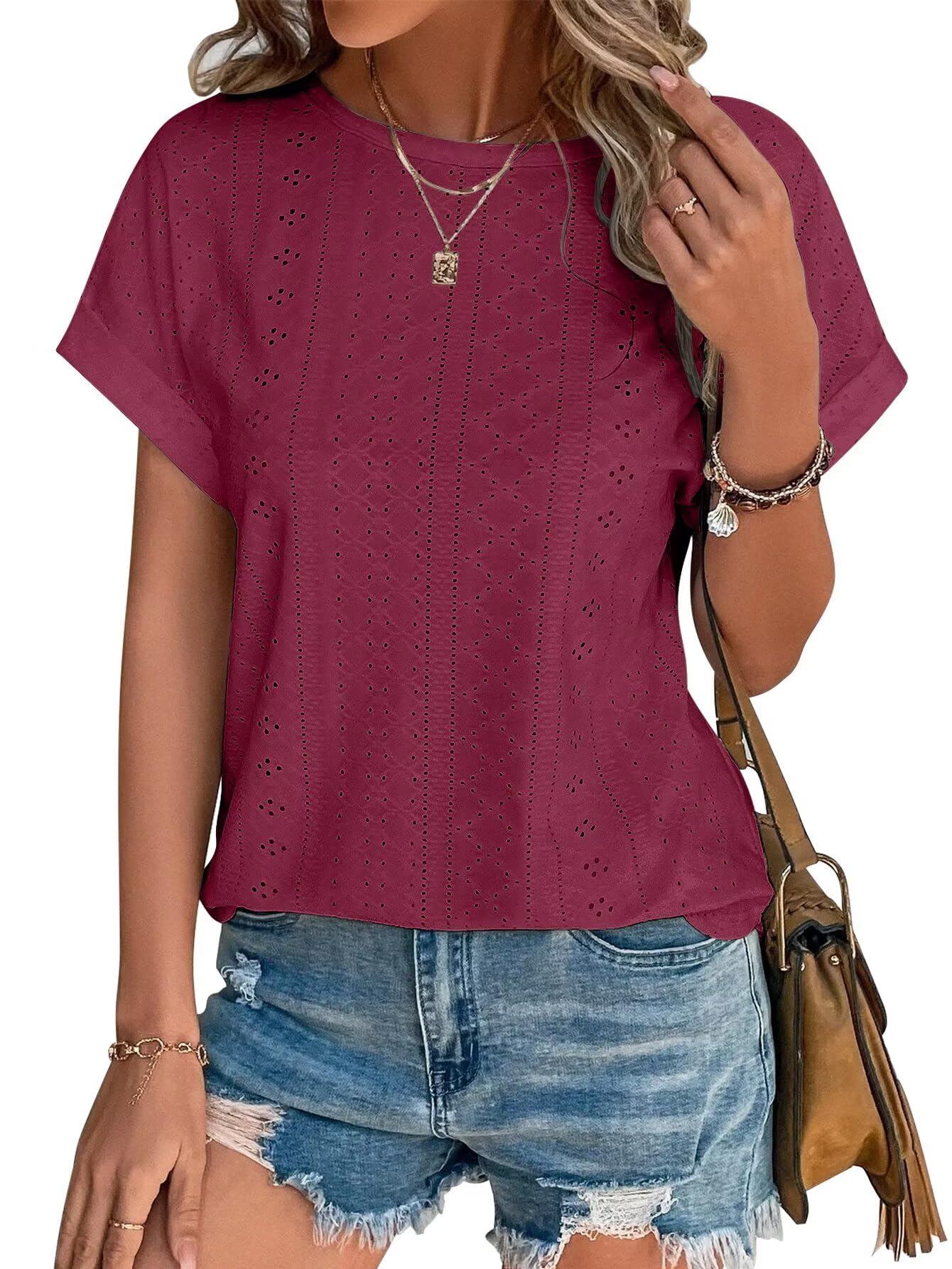 Bliwov Women's Tops Eyelet Embroidery Summer Spring Fashion Clothes 2024 Casual 