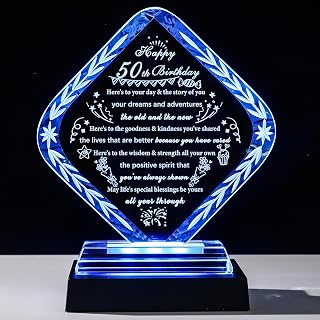 YWHL 50th Birthday Gifts with Colorful LED Base Unique Crystal Keepsakes Gifts Idea for 50 Years Old Women Men Mom Dad Happy 50th Birthday Decorations
