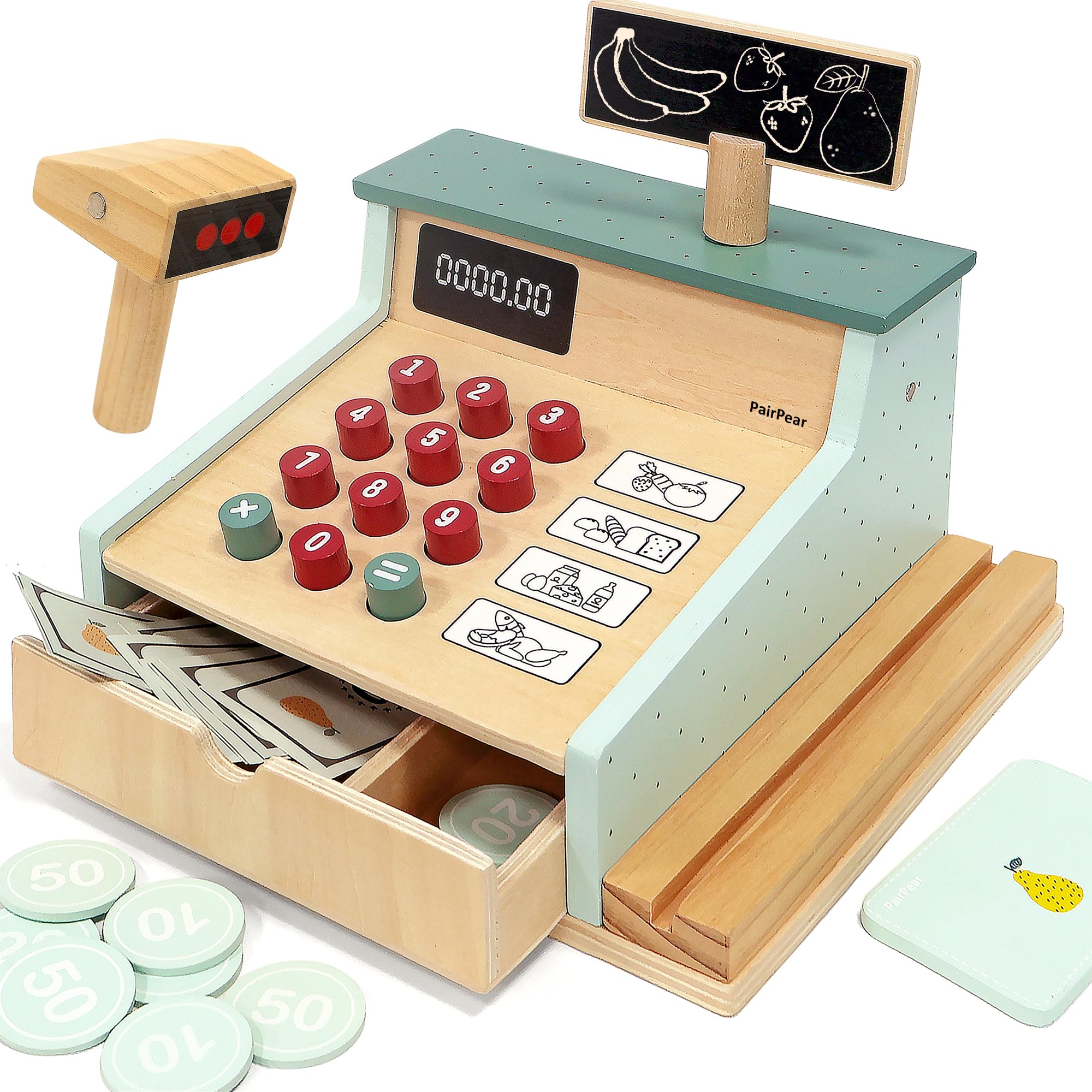 PairPear Wooden Cash Register with Scanner Kids Play Money Counting Toys | Prete