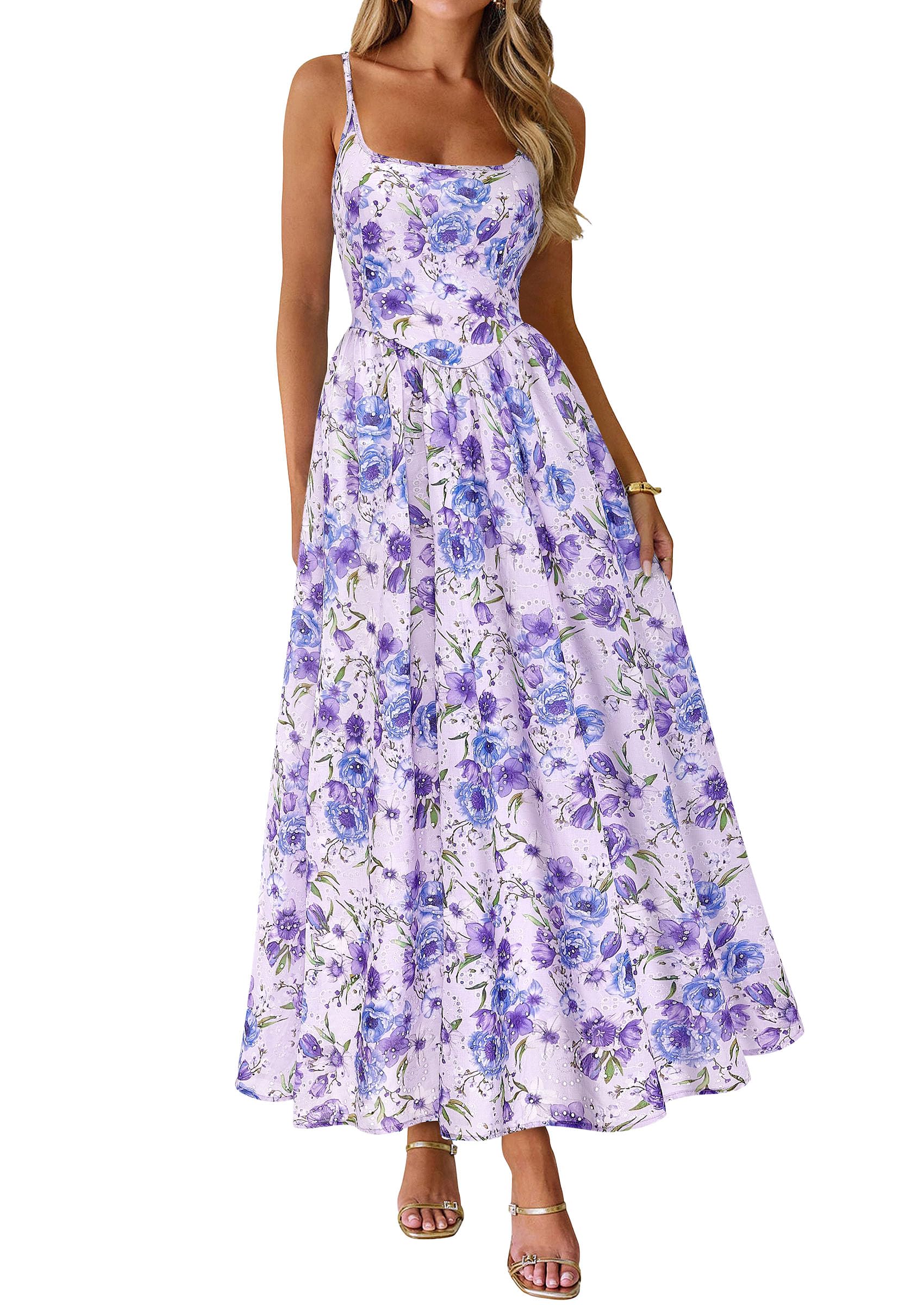 PRETTYGARDEN Women's Summer Boho Maxi Dress A Line Eyelet Floral Sundresses