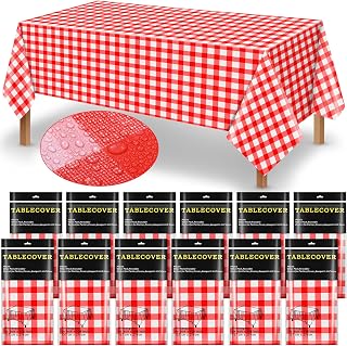 Chumia 12 Pack Red and White Plastic Checkered Tablecloth 54 x 108 Inch