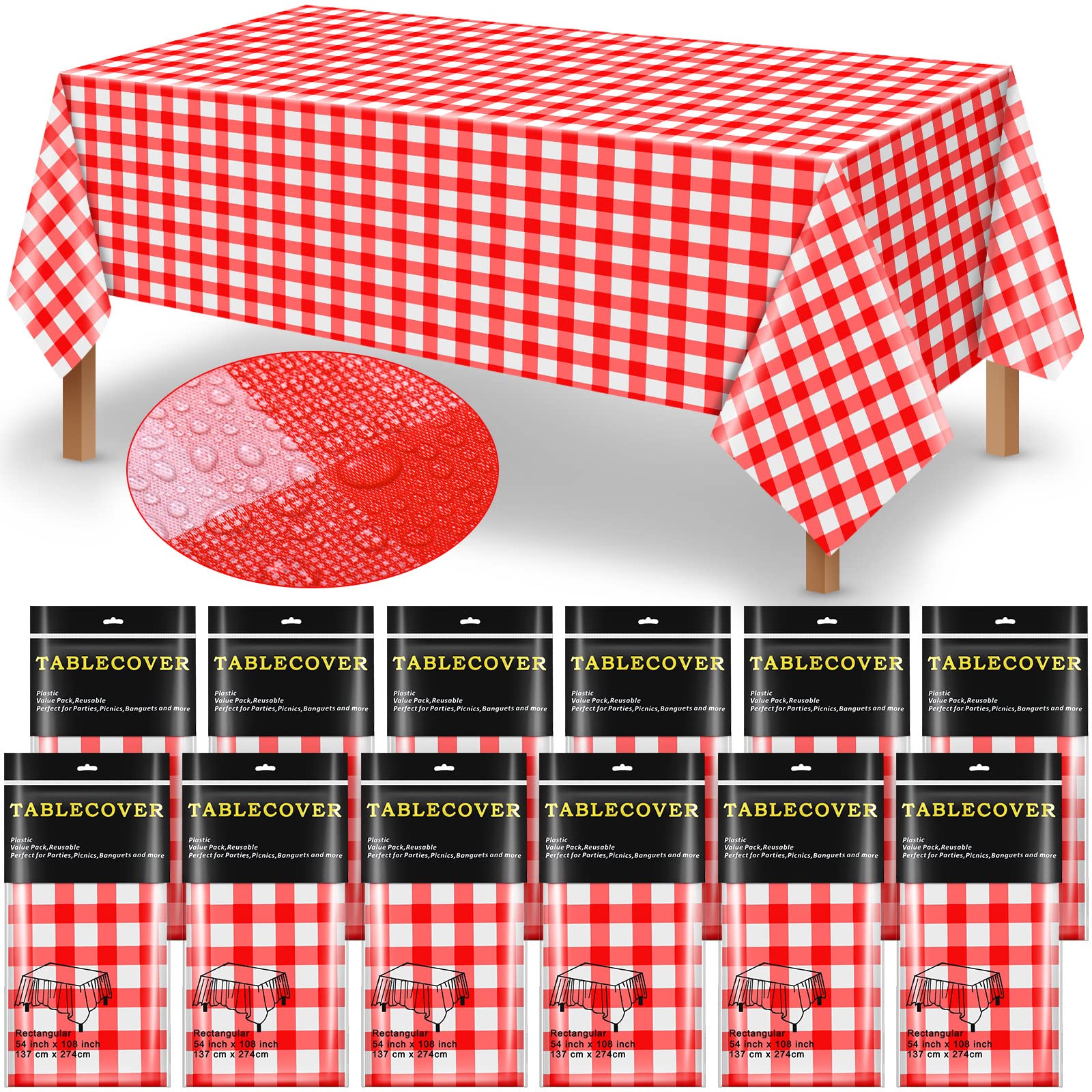 Chumia 12 Pack Red and White Plastic Checkered Tablecloth 54 x 108 Inch