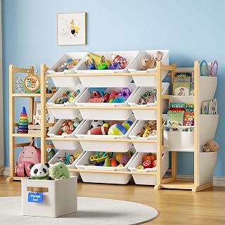 Toy Storage Organizer with 12 Bins and 3 Shelves, Kids Toy Organizer Shelf | Solid Wood Toy Organizer Storage With 3-Tier Bookcase, 4-in-1 Large Toy Box for Kids Room Bedroom Playroom Organization,White