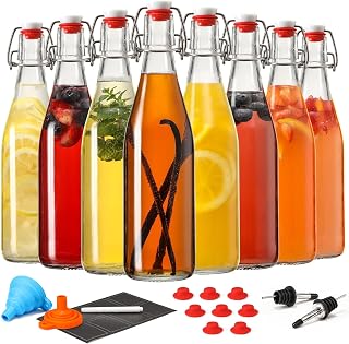 8 Pack 16OZ Swing Top Glass Bottles, Flip Top Brewing Fermentation Bottles | With 2 Pourers, Airtight for Beverages Vanilla Extract, Kombucha, Mead, Kefir, Coquito, Soda, Carbonated Drink, Juice, Syrup