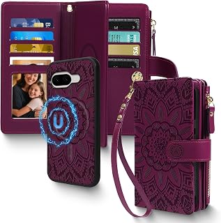2 in 1 for Google Pixel 9/9 Pro / 10/10 Pro 6.3" Wallet Case Magnetic Compatible with Magsafe RFID Blocking Card Holder Detachable Phone Cover Zipper Purse Kickstand Strap Women Floral Burgundy