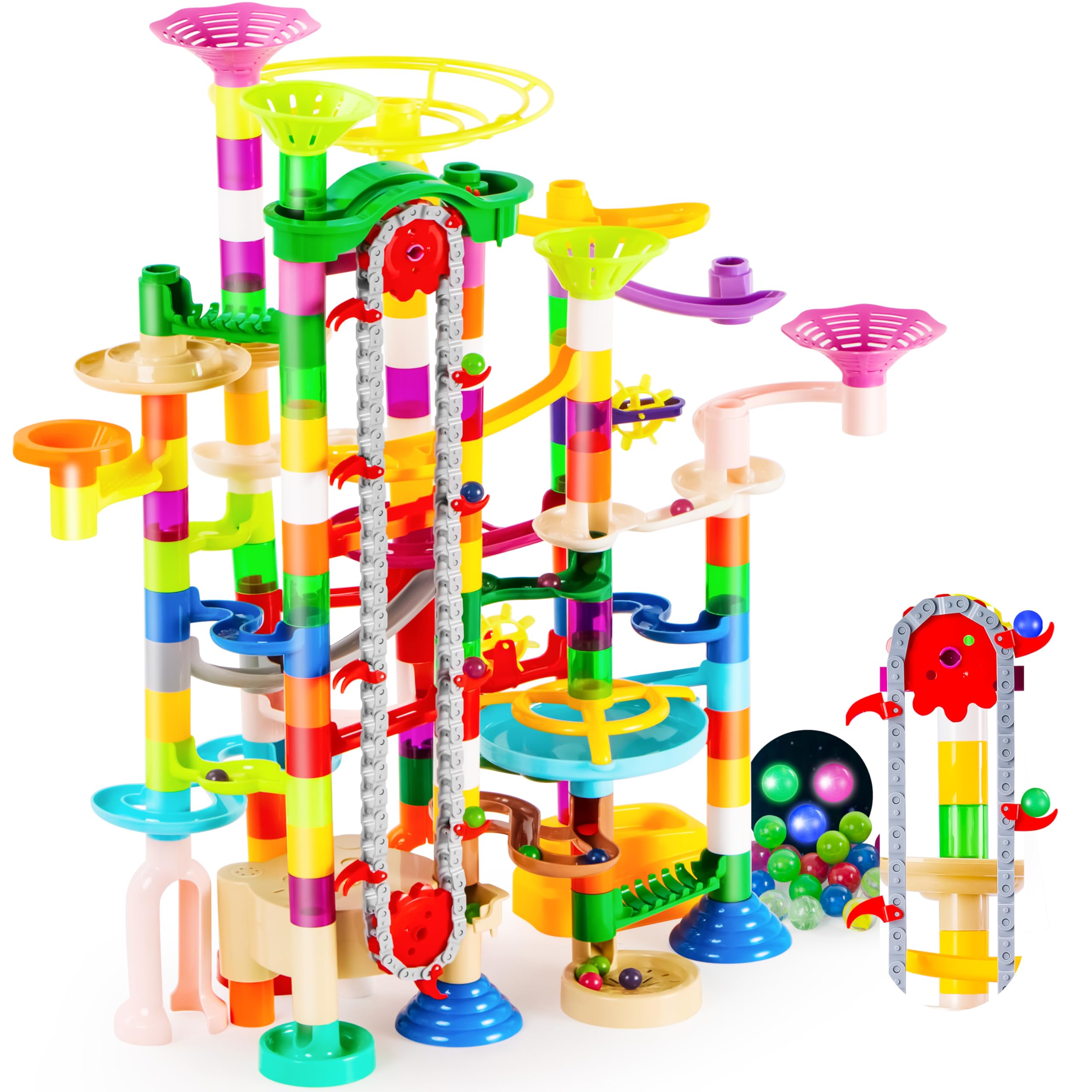 JOYIN 236Pcs Glowing Marble Run with Motorized Elevator- Construction Building B