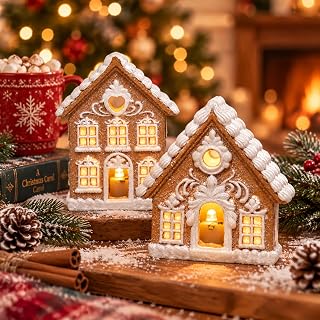 Braxio Indoor Christmas Decorations Gingerbread House Kit 2PCS with LED Light - 3 Inch Miniature Resin Houses for Indoor Home Decor, Family Room Aesthetic