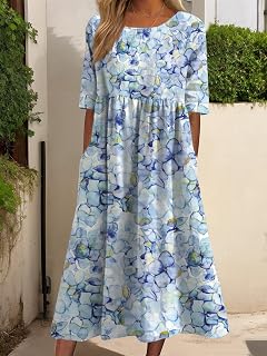 Women Summer Dress Summer Midi Casual Short Sleeve Round Neck Flowy A Line Sundress with Pockets
