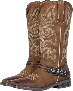 J's.o.l.e Women's Fashion Wide Square Toe Western Cowgirl Cowboy Boots Mid Calf Brown