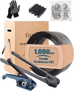FoundGo PET Banding Strapping Kit for Heavy Duty Durable Pallet Packaging Strapping Tool with >1500lbs 5/8" x 1000' PET Strapping Roll & its own Pull-Out Box 100 Corner Protectors 300 Seals-Blue Gray