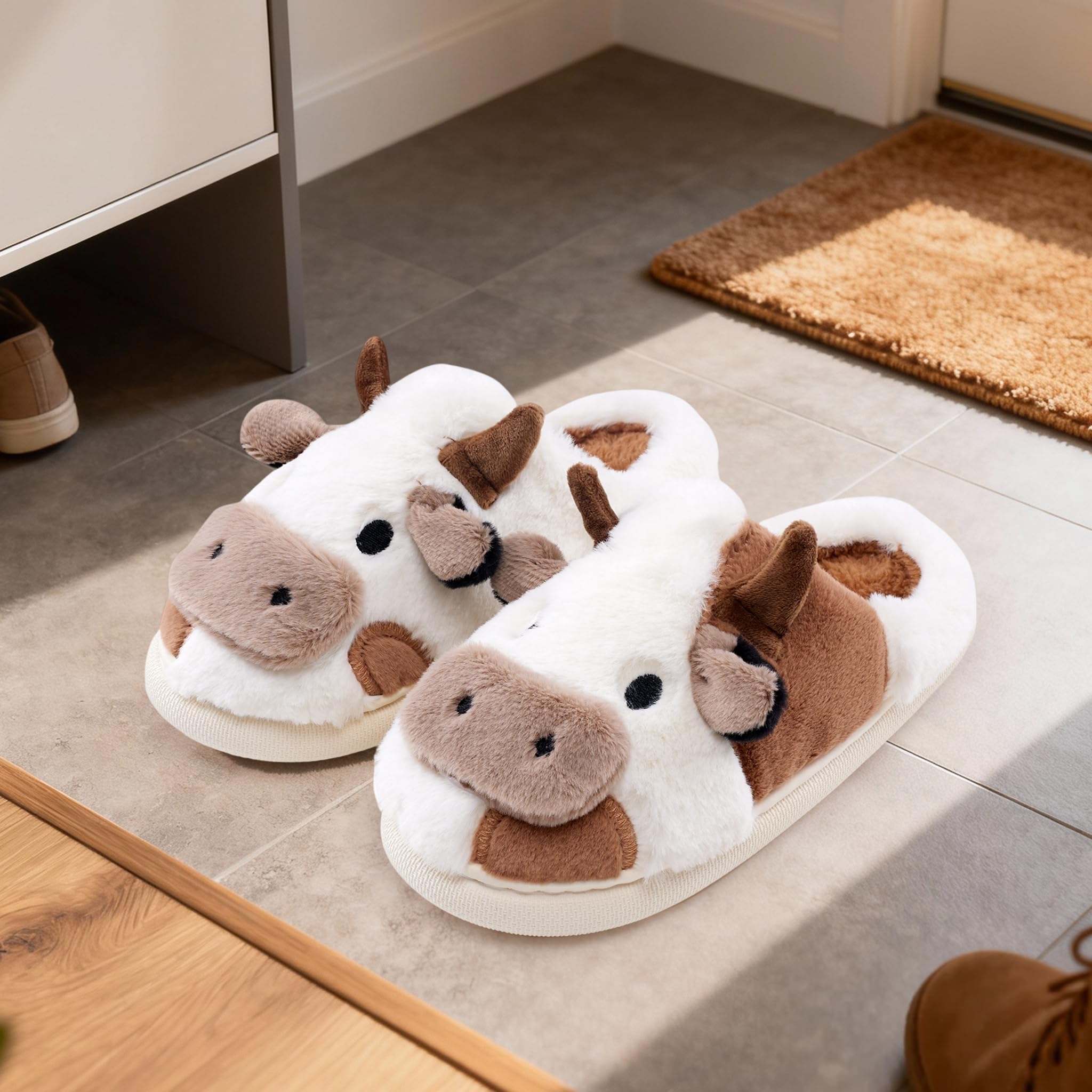 Cow Slippers for Women and Men, Fluffy Cute Cozy Cartoon Fuzzy Cow House Slipper