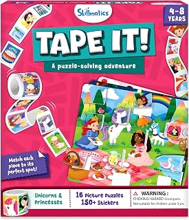 Skillmatics Puzzle Activity – Tape It Sticker Puzzles, Stocking Stuffer | 150+ Easy-Tear Stickers, Unicorn & Princess Art & Craft Kit, Fine Motor Skills, Christmas Gift for Kids Ages 4, 5, 6, 7, 8