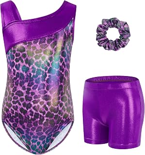 Gogokids Girls' Three-Piece Gymnastics Set, Sleeveless Leotards with Shorts and Hairband, Sparkling Ballet Dancing Unitards - Gymnastics Outfit with Gradient Color Design for 3-12 Years