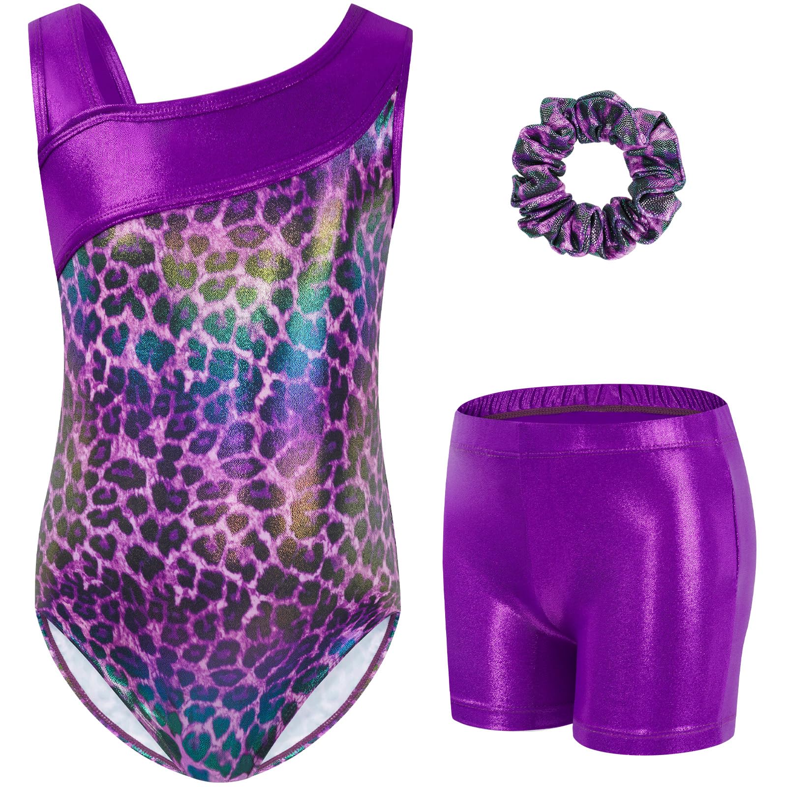 Gogokids Girls' Three-Piece Gymnastics Set, Sleeveless Leotards with Shorts and 